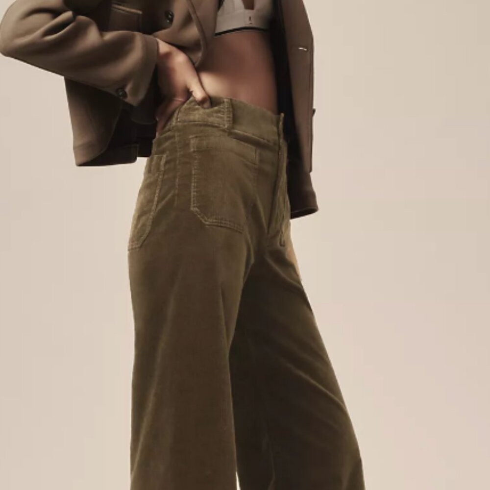 Corduroy Colette Cropped Wide-Leg Pants by Maeve in Moss